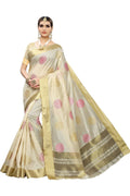 Vamika Cream Weaving Cotton Polyester Silk Saree (Kerala Bird Pink)