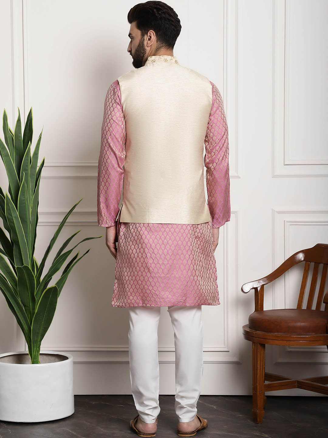Sojanya Woven Design Mandarin Collar Kurta with Churidar & Nehru Jacket
