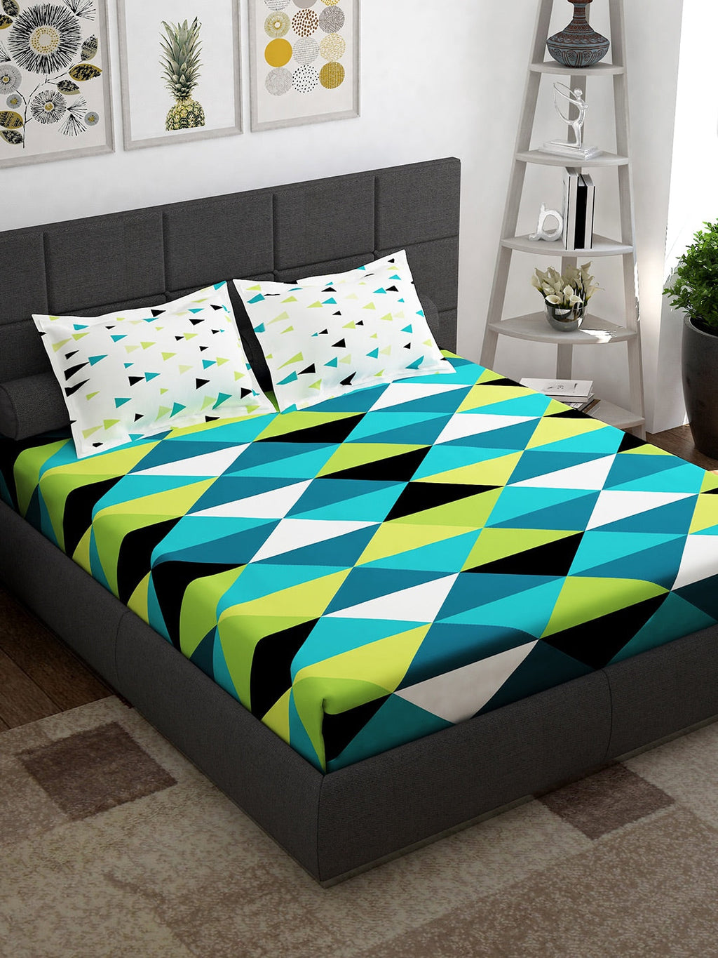 Story@home Ventura Teal & Black Geometric 152 TC Cotton Queen Bedsheet & 2 Pillow Covers