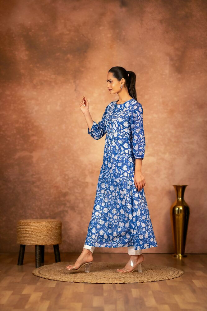 Joban Fashion Blue Floral Hand Block Printed Cotton Kurta Pant Set
