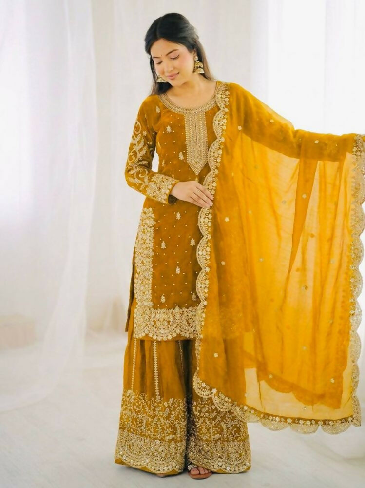 Teeya Creation Yellow Color Fendy Silk Embroidery Work Wedding Wear Salwar Suit