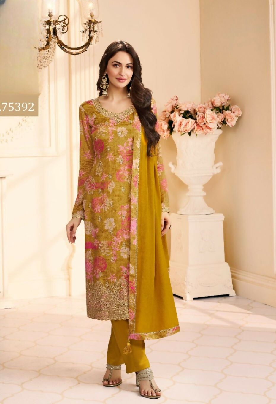 Anaita Mustard Chinon Stitched Suit with Multi Digital Print