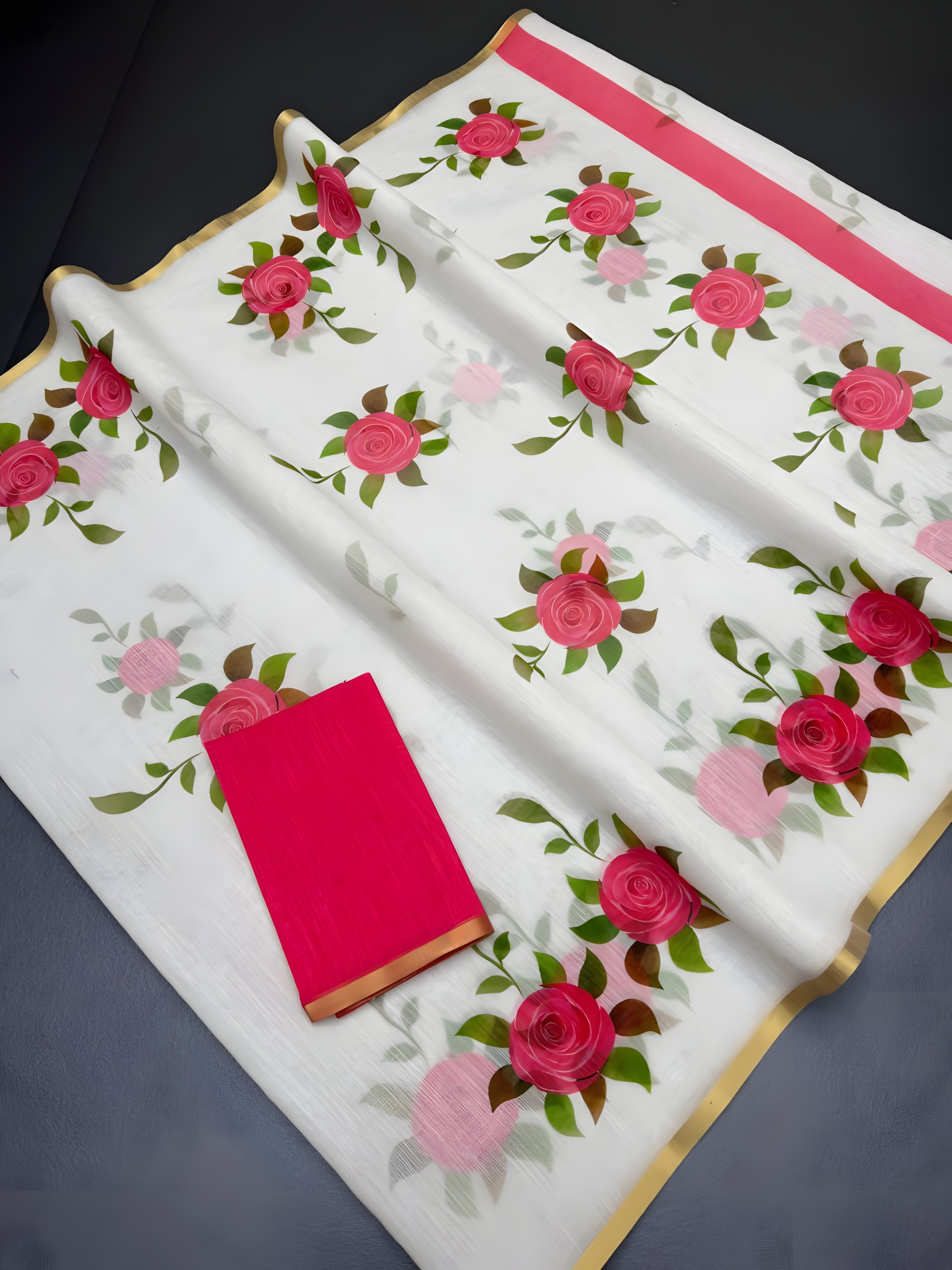 Prime Volt Women's White & Pink Floral Digital Print Soft Linen Saree With Gold Zari Border & Blouse