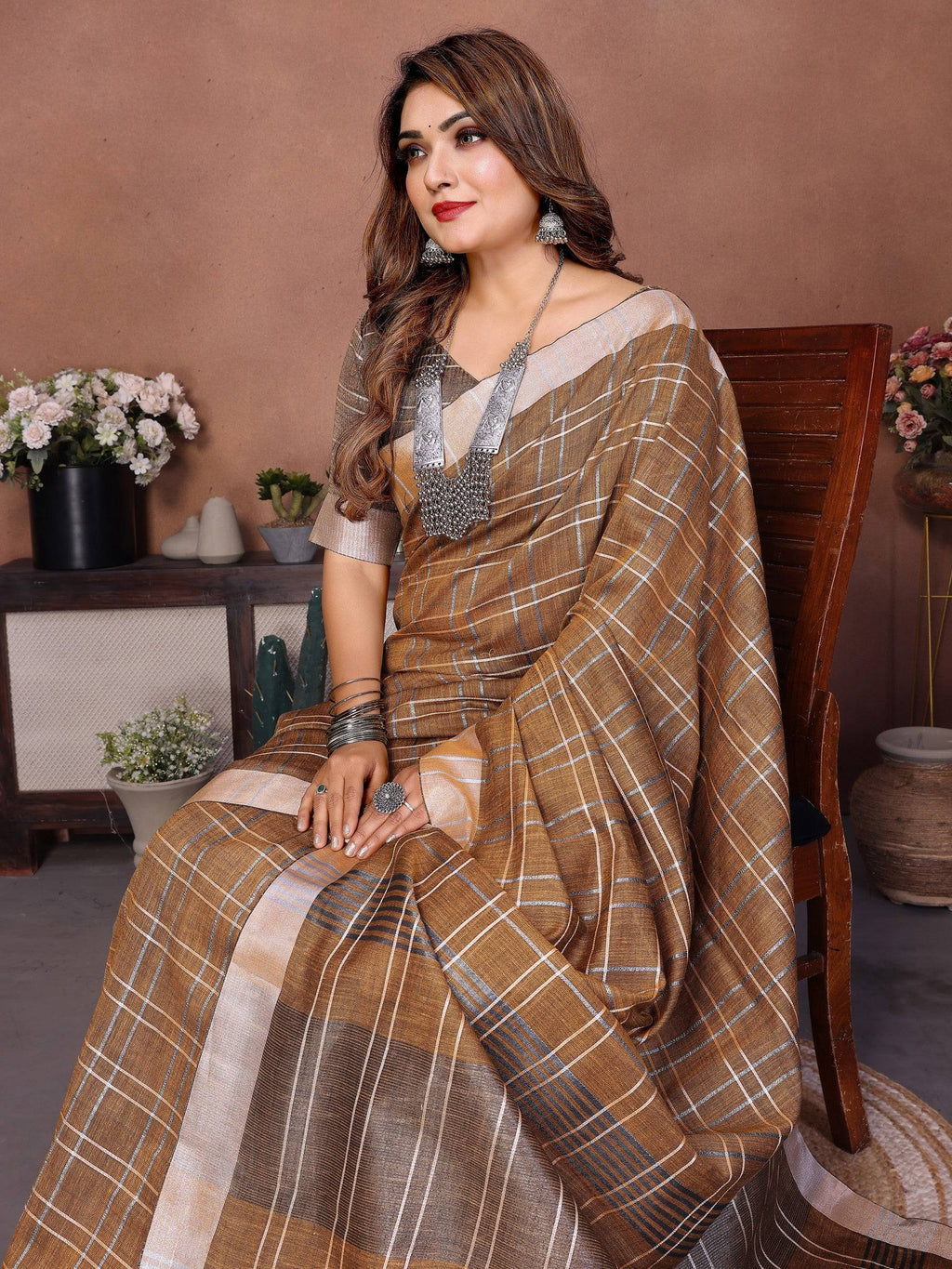 Anaita Coffee Weaving Linen Cotton Saree With Blouse