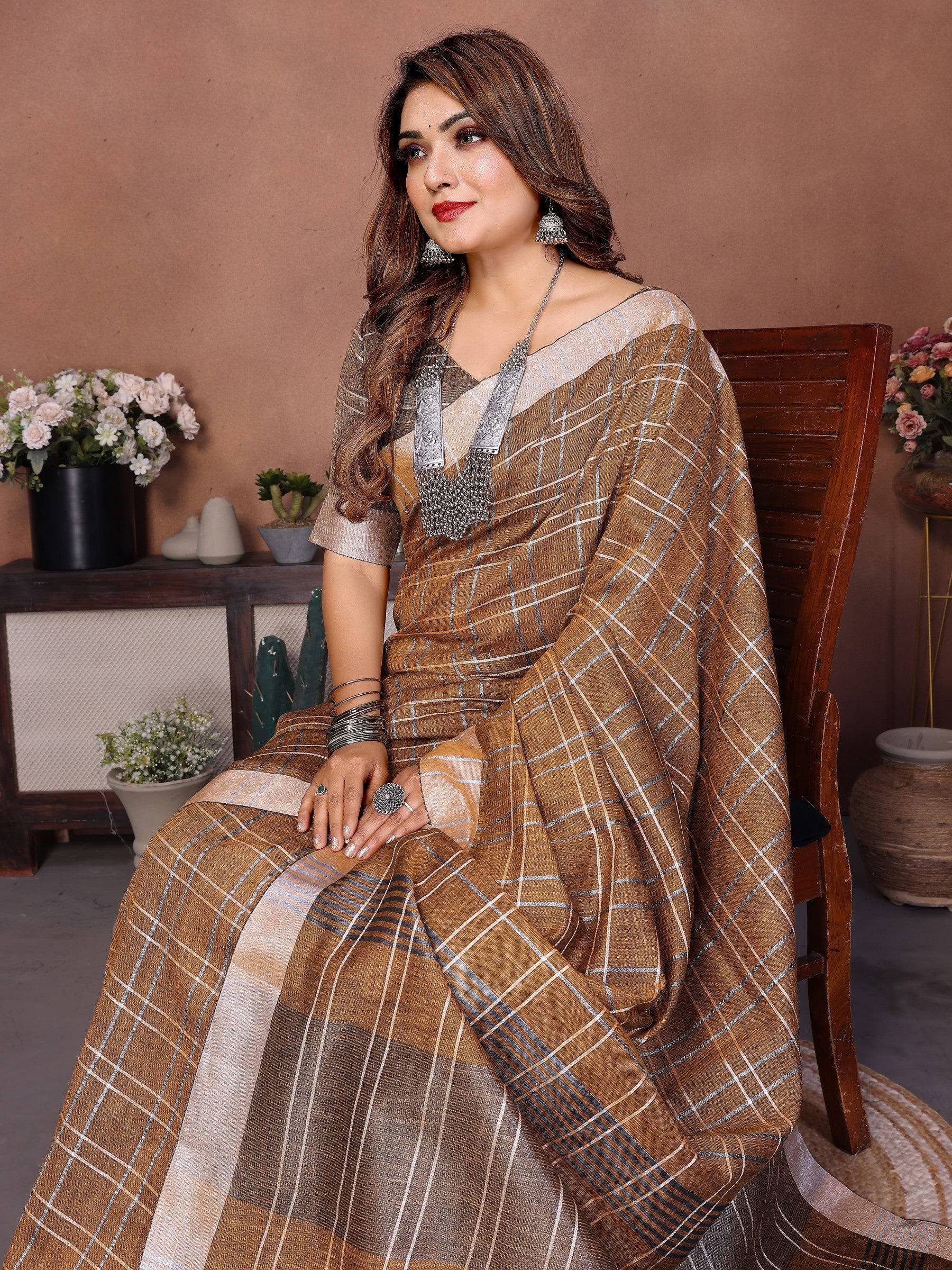 Anaita Coffee Weaving Linen Cotton Saree With Blouse