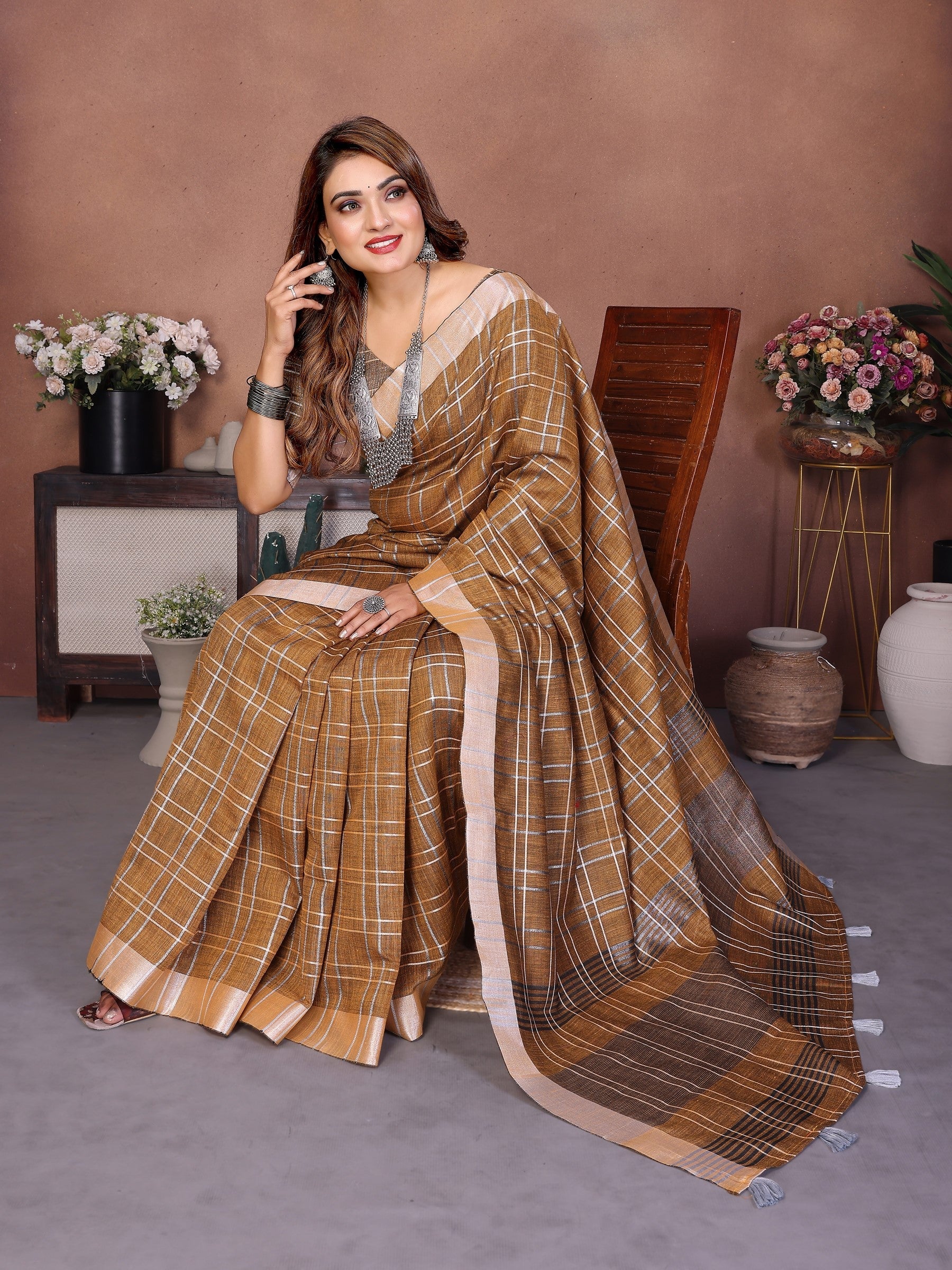 Anaita Coffee Weaving Linen Cotton Saree With Blouse