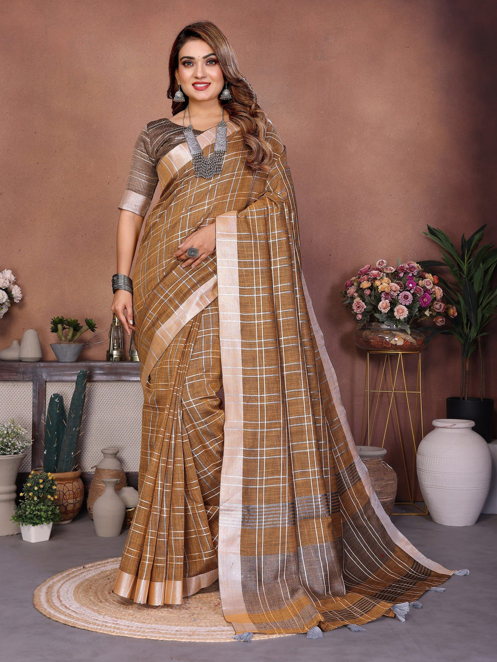 Anaita Coffee Weaving Linen Cotton Saree With Blouse