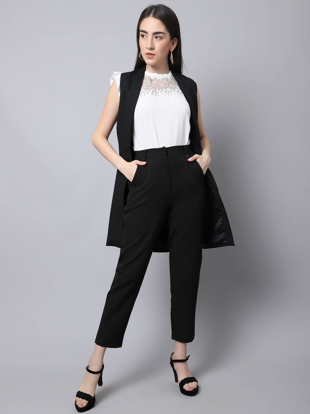 Even Apparels Black Polywool Open Front Women's Long Coat PW668