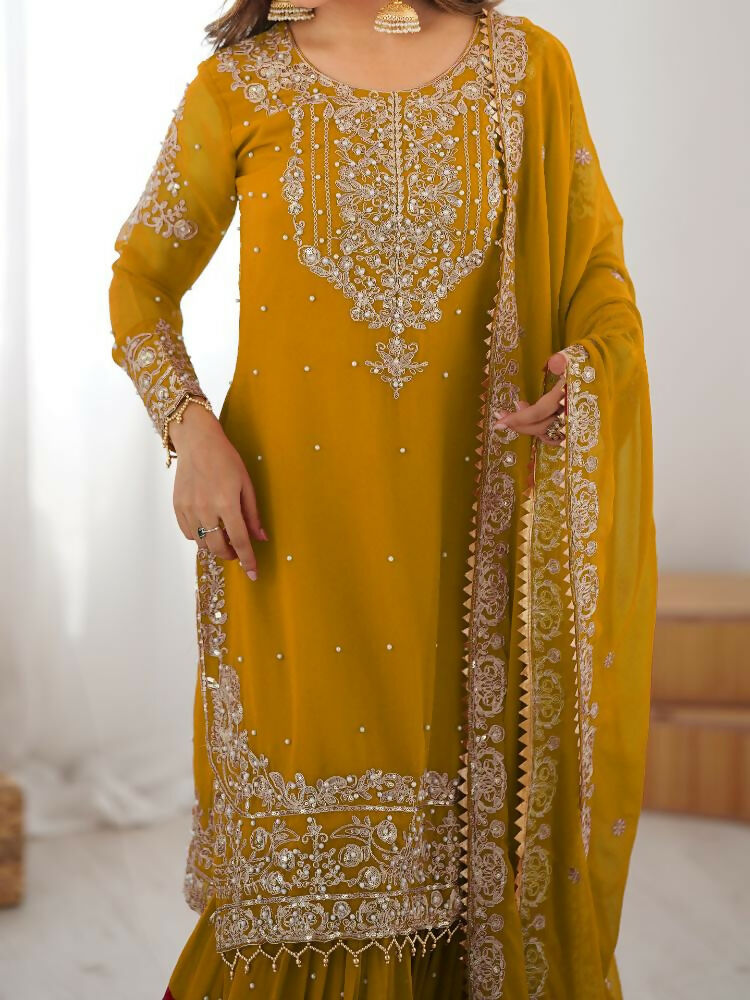 Lehenga Mart Designer Sharara Suit With Kurta, Sharara, Dupatta For Women-Yellow
