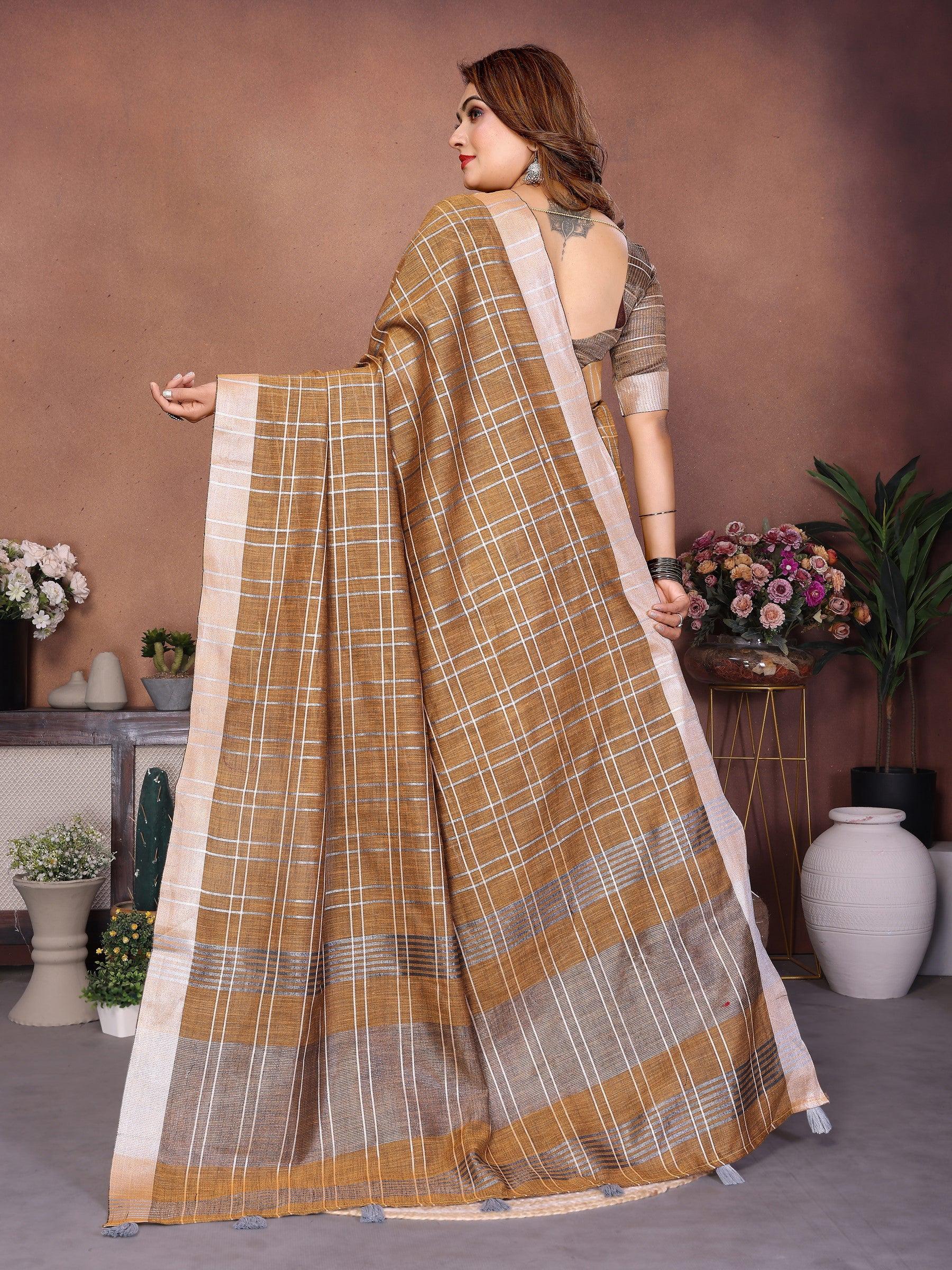 Anaita Coffee Weaving Linen Cotton Saree With Blouse