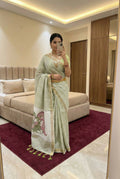 Vastranavya Pista Linen Cotton Meenakari Weaving Pallu Saree with Contrast Blouse