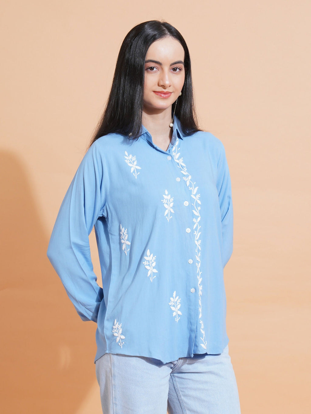 Pahnaz Modal Chikankari Handwork Shirt-Blue
