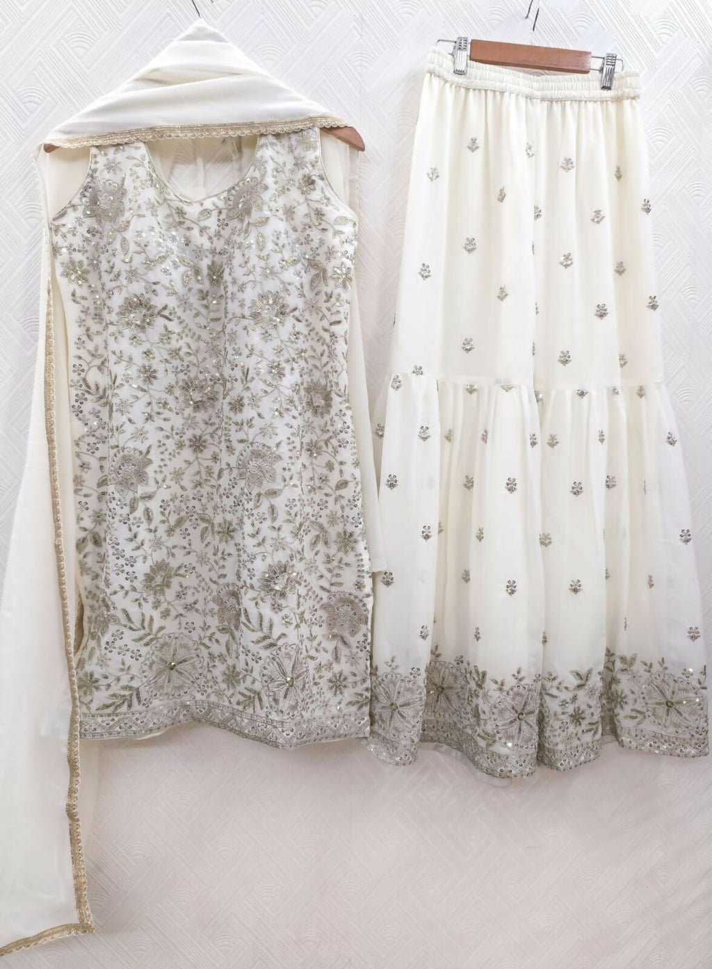 Teeya Creation Womens New Designer Georgette White Embroidered Sharara Set With Sequence Work And Lace Border Dupatta
