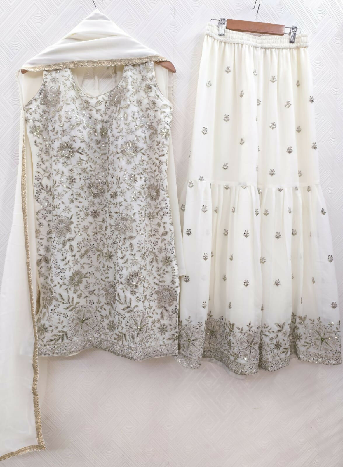 Teeya Creation Womens New Designer Georgette White Embroidered Sharara Set With Sequence Work And Lace Border Dupatta