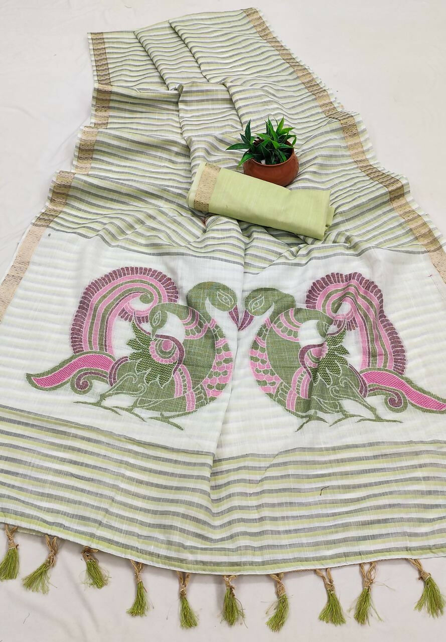 Vastranavya Pista Linen Cotton Meenakari Weaving Pallu Saree with Contrast Blouse