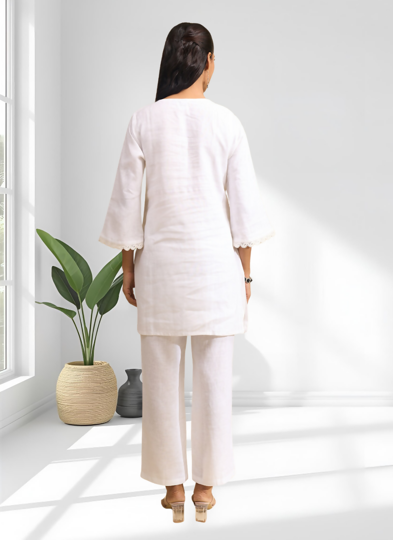 Joban Fashion Off White Linen Embroidered Readymade Cord Set