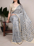 Vastranavya Blue Tussar Silk Printed Saree with Unstitched Blouse