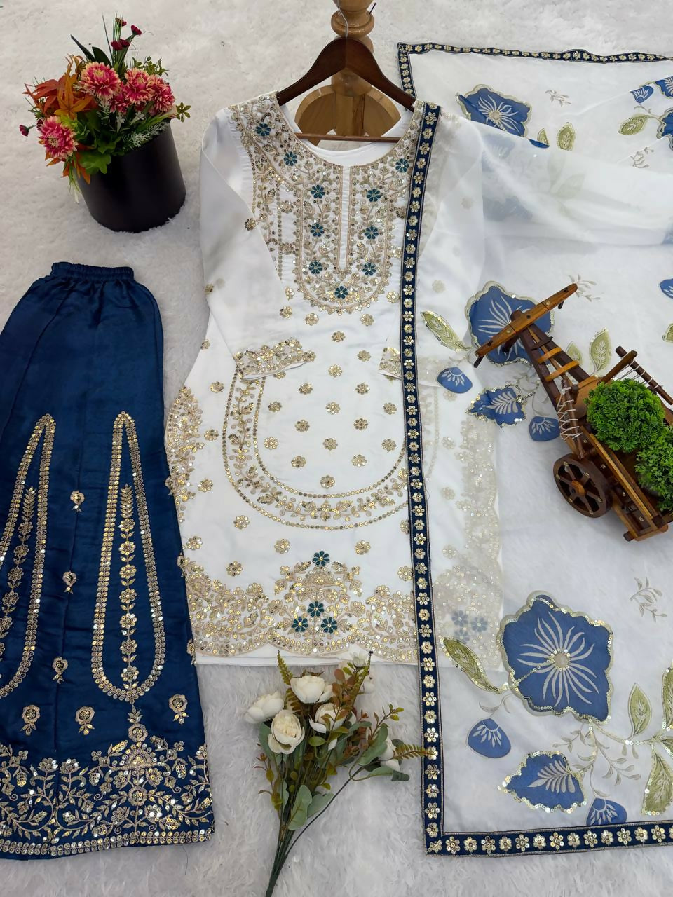 Teeya Creation Blue Gimmy Silk Designer Embroidery Work Wedding Wear Palazzo Pair