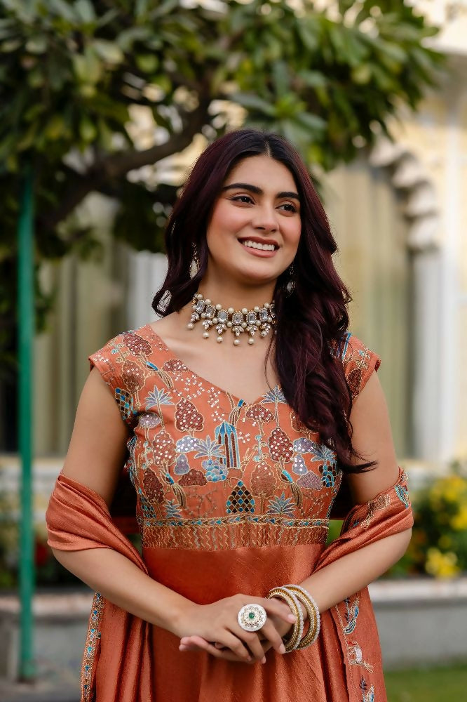 Teeya Creation Orange Color Vichitra Silk Designer Party Wear long Gown