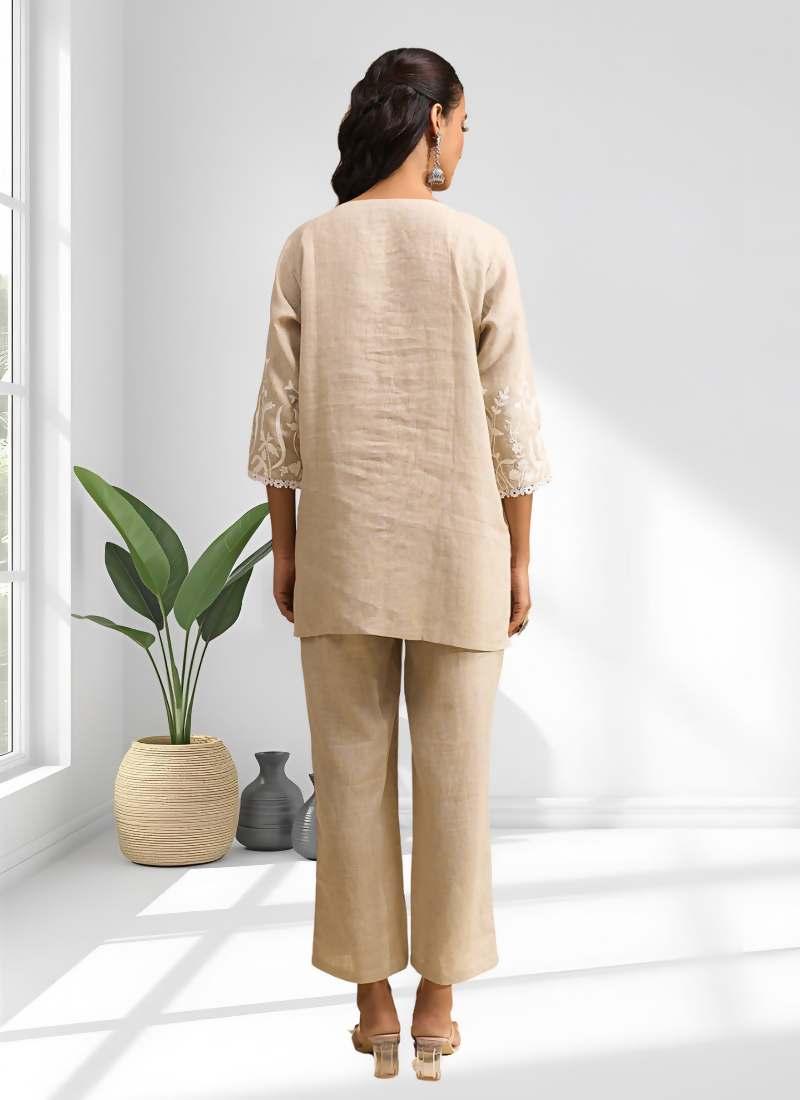 Joban Fashion Beige Linen Embroidered Readymade Cord Set
