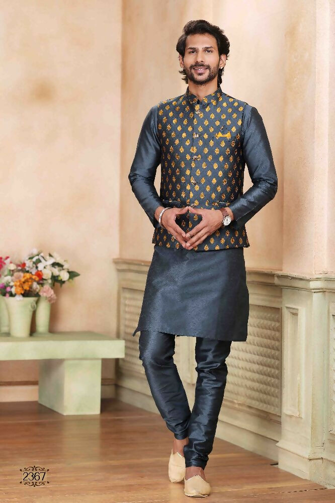 Raivat Ethnic Jacquard Banarasi Silk Woven Work 3 Pics Jacket Set In Dark Grey Colour
