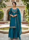 Teeya Creation Teal Color Fendy Satin Silk Heavy Embroidery Work Sharara Suit