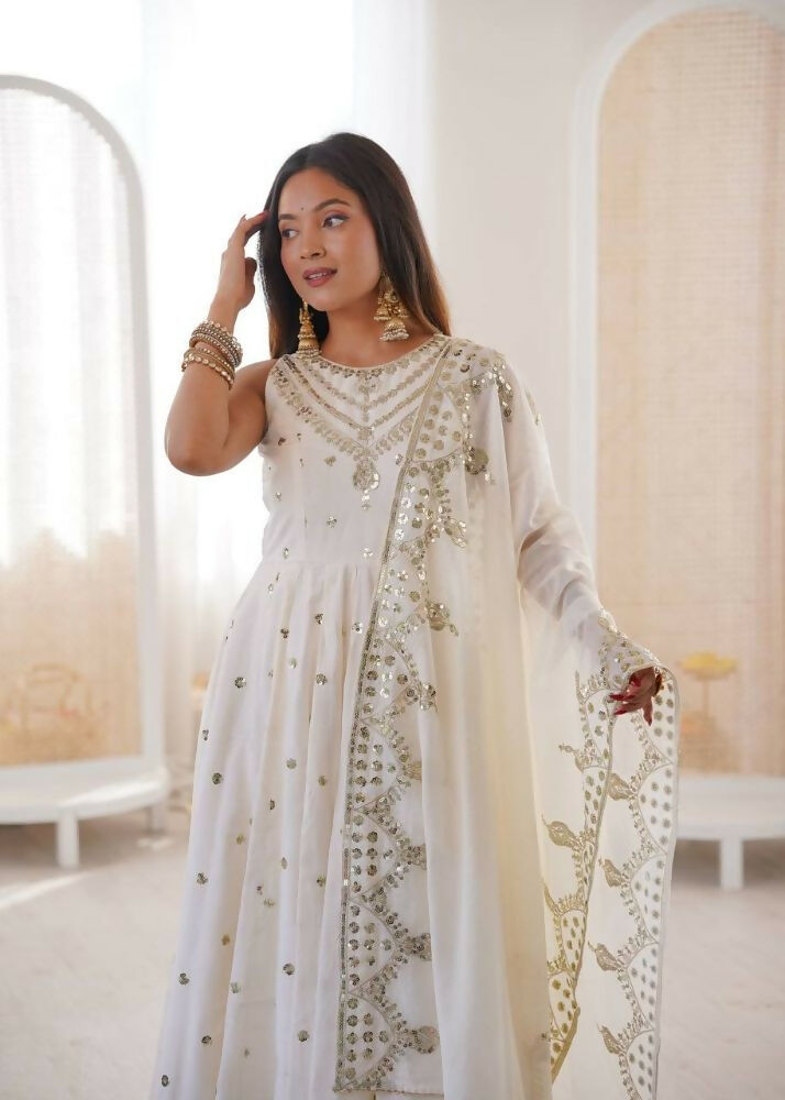 Teeya Creation White Color Roman Silk Embroidery Work Party Wear Gown