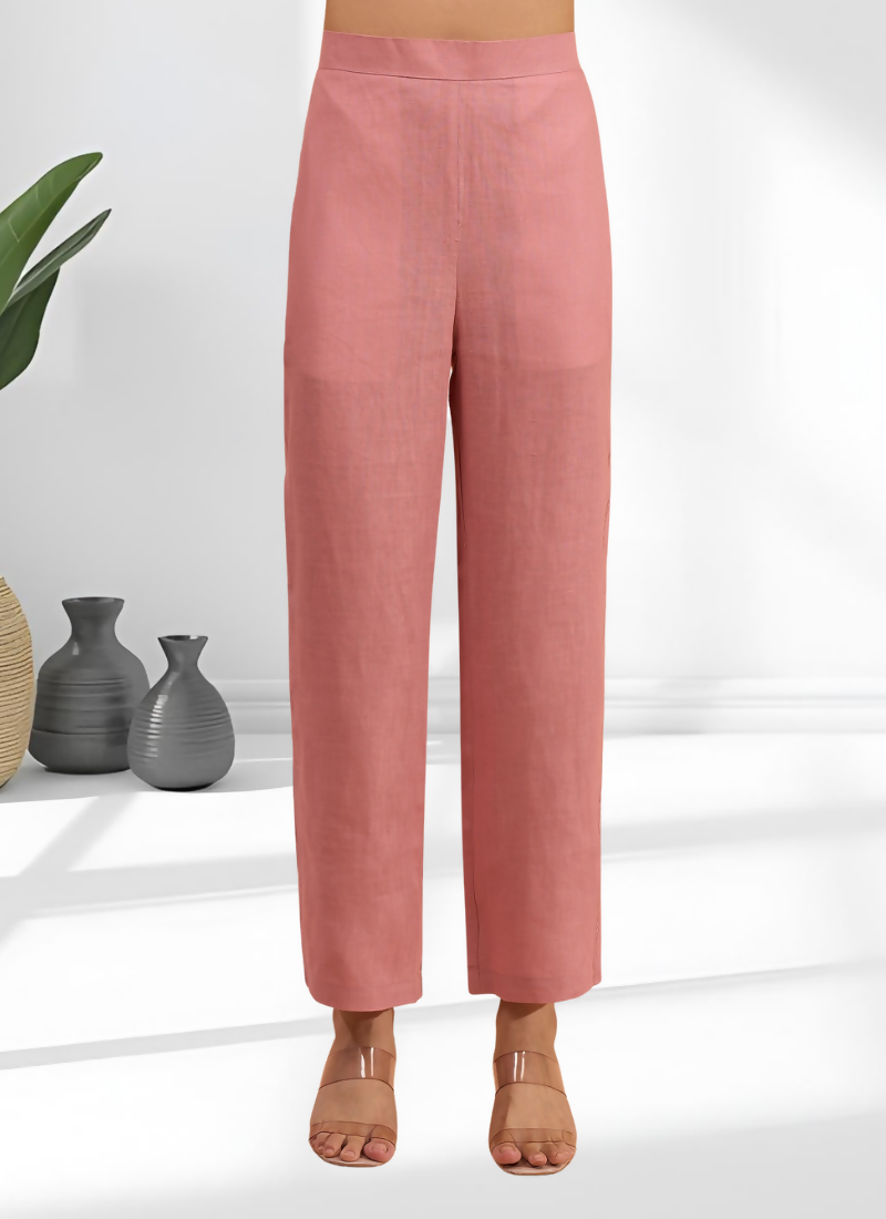 Joban Fashion Pink Linen Embroidered Readymade Long Kurta With Pant