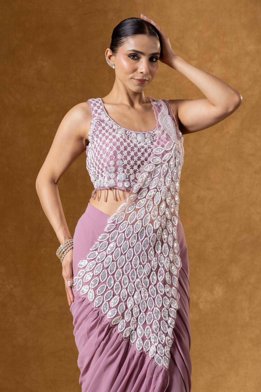 Teeya Creation Onion Color Faux Georgette Embroidery Work Party Wear Ready To Wear Saree