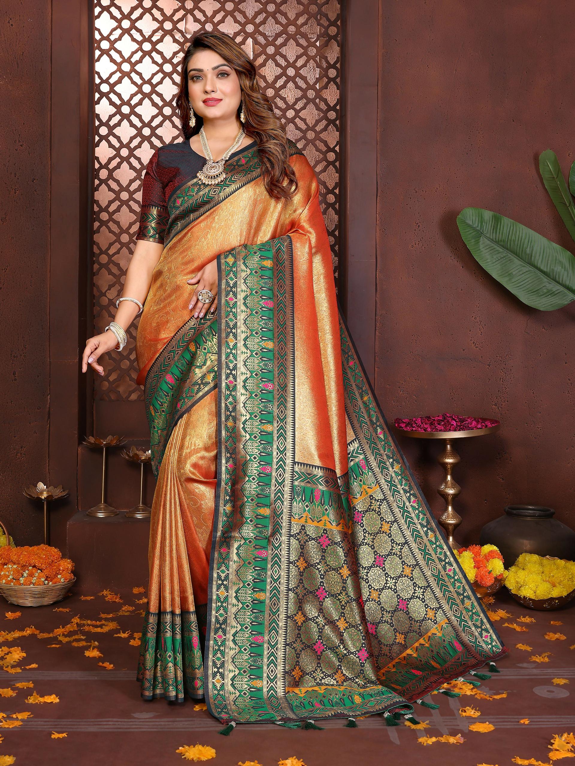 Aastha Fashion Orange Tissue Silk Weaving Saree