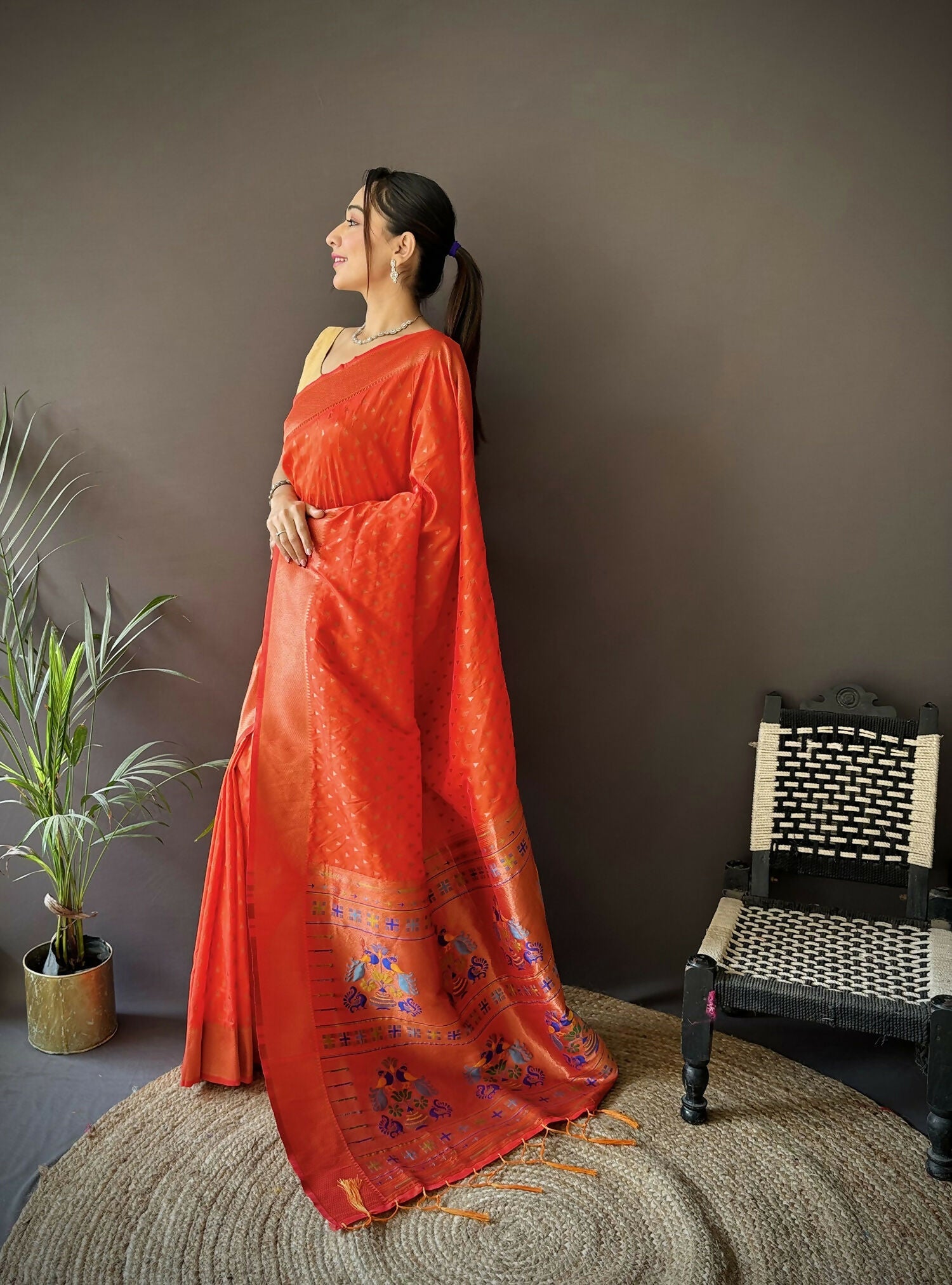 Joban Fashion Orange Jacquard Butti Soft Lichi Silk Paithani Saree