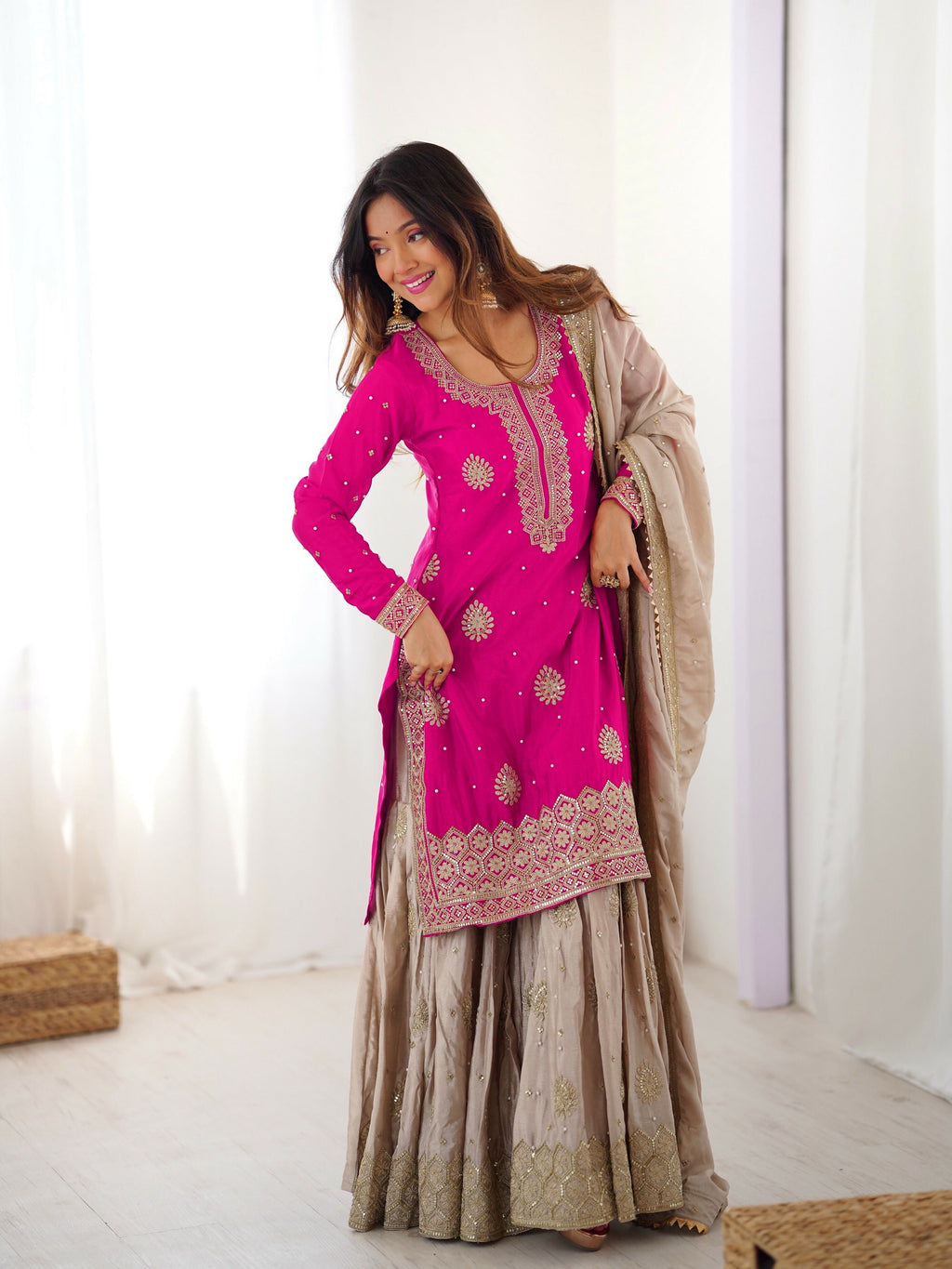 Lehenga Mart Designer Sharara Suit With Kurta, Sharara, Dupatta For Women-Pink