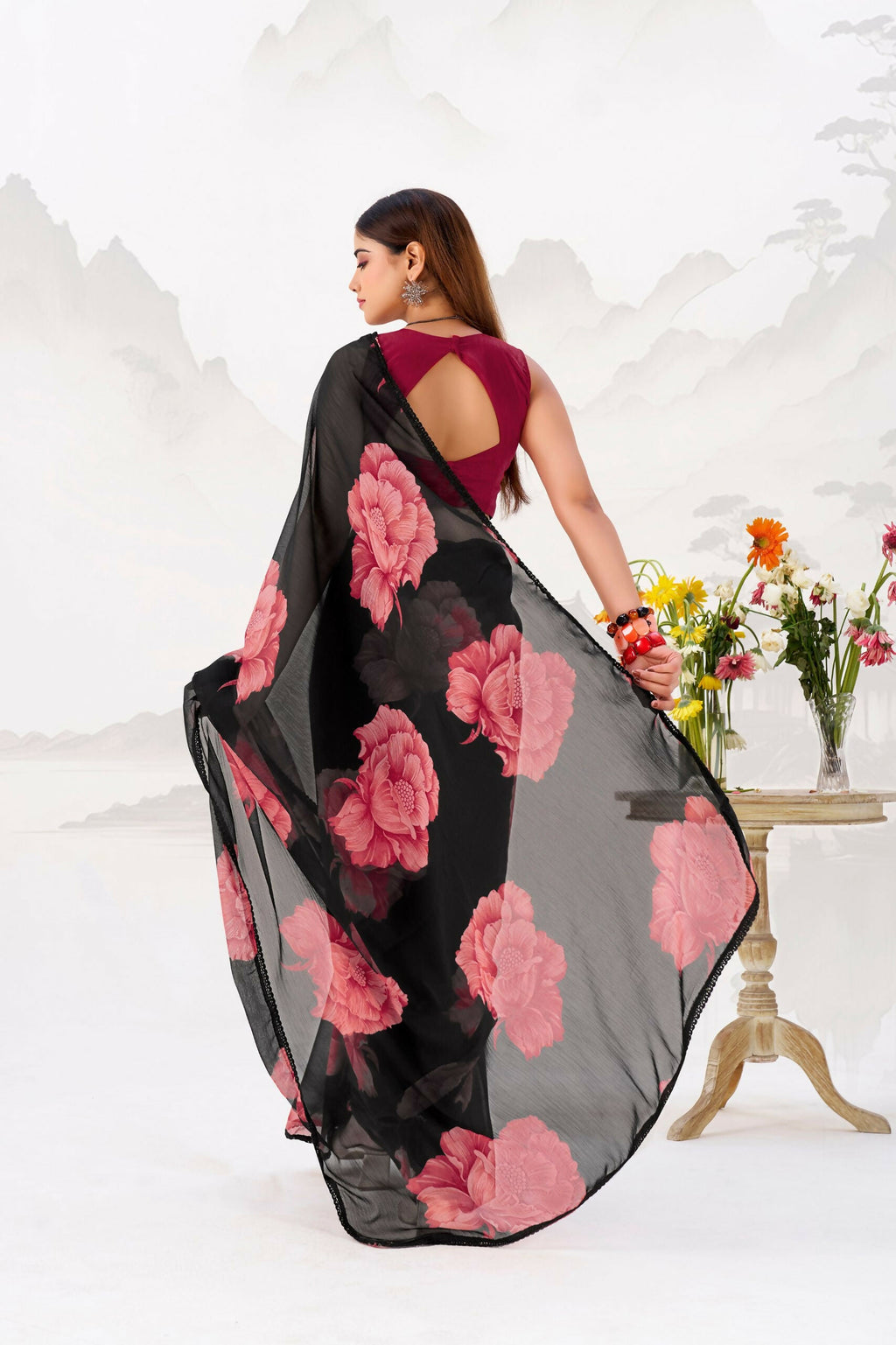 Vastranavya Black Floral Print with Lace Border work Chiffon Saree & Unstitched Blouse