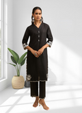 Joban Fashion Black Linen Embroidered Readymade Long Kurta With Pant