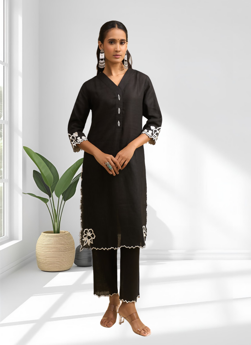Joban Fashion Black Linen Embroidered Readymade Long Kurta With Pant
