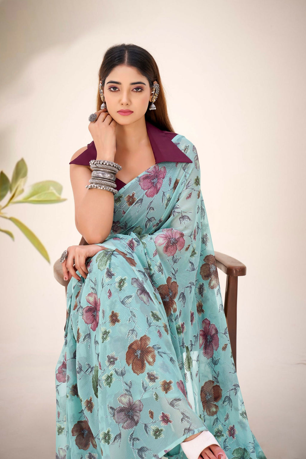 Vastranavya Sea Green Lurex Brasso Floral Printed Saree with Unstitched Blouse