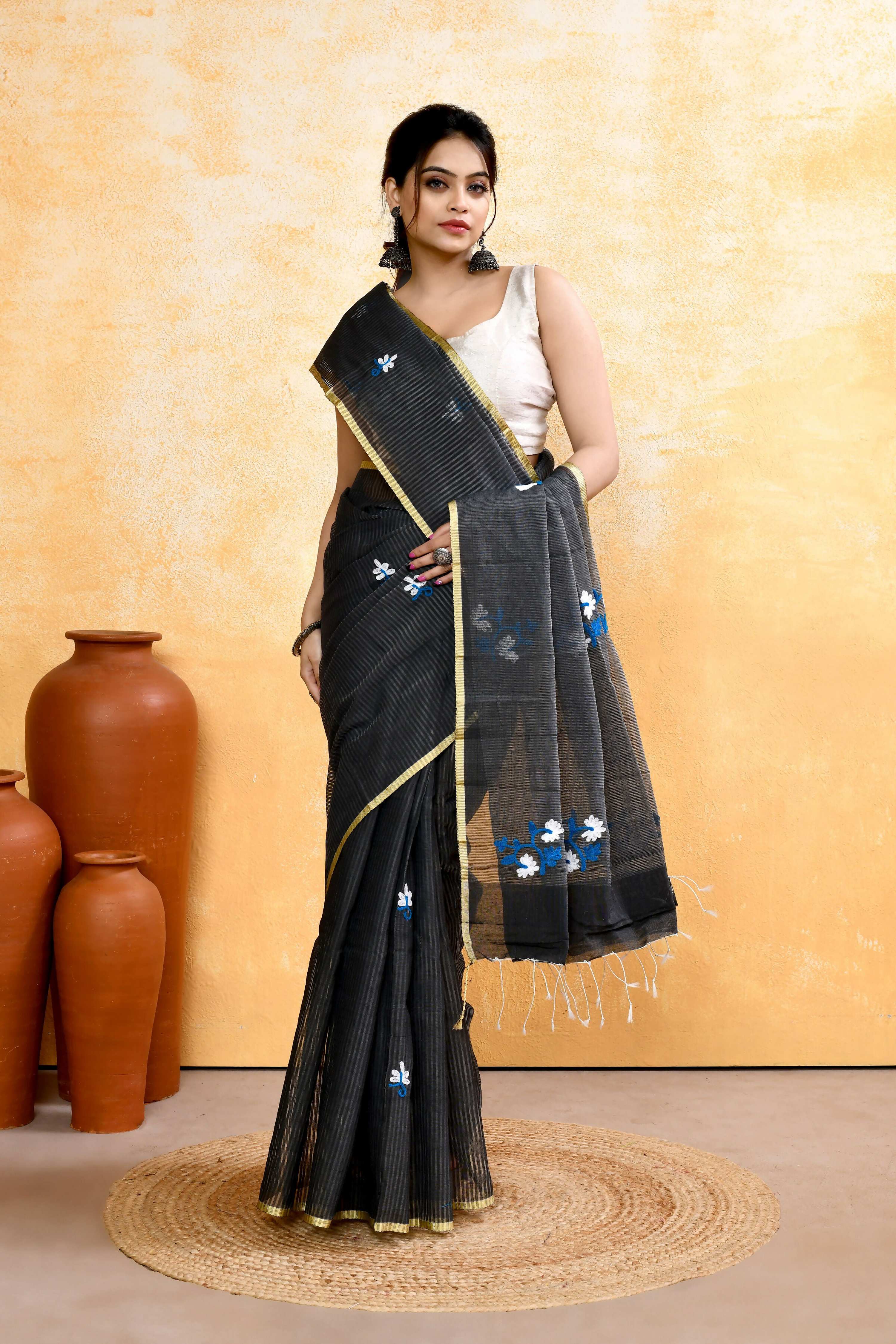 Piyari Fashion Women's Grey Embellished Cotton Blend Embroidery Saree
