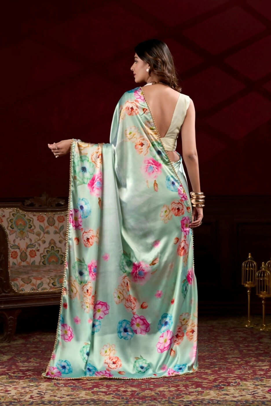 Vastranavya Pista Satin Silk Floral Printed with Pearl Lace Saree with Unstitched Blouse