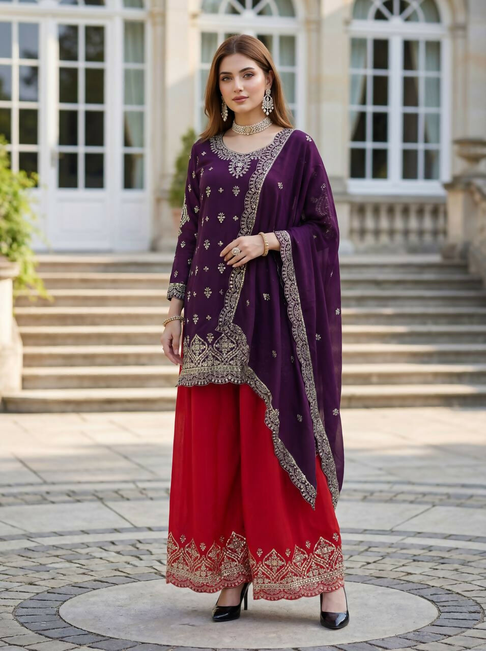 Teeya Creation Wine Chinon Silk Embroidery Work Party Wear Palazzo Pair