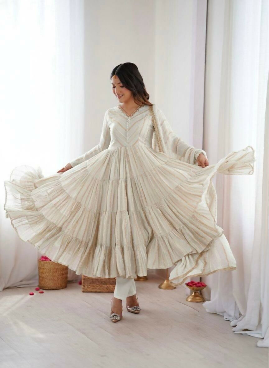 Teeya Creation White Color Mal Chanderi Silk Hand Embroidery Work Long Gown