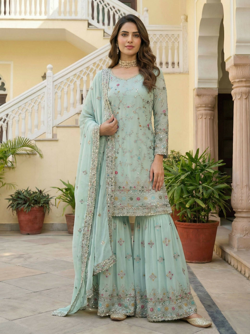 Teeya Creation Sky Faux Georgette Multi Thread Work Wedding Wear Sharara Set