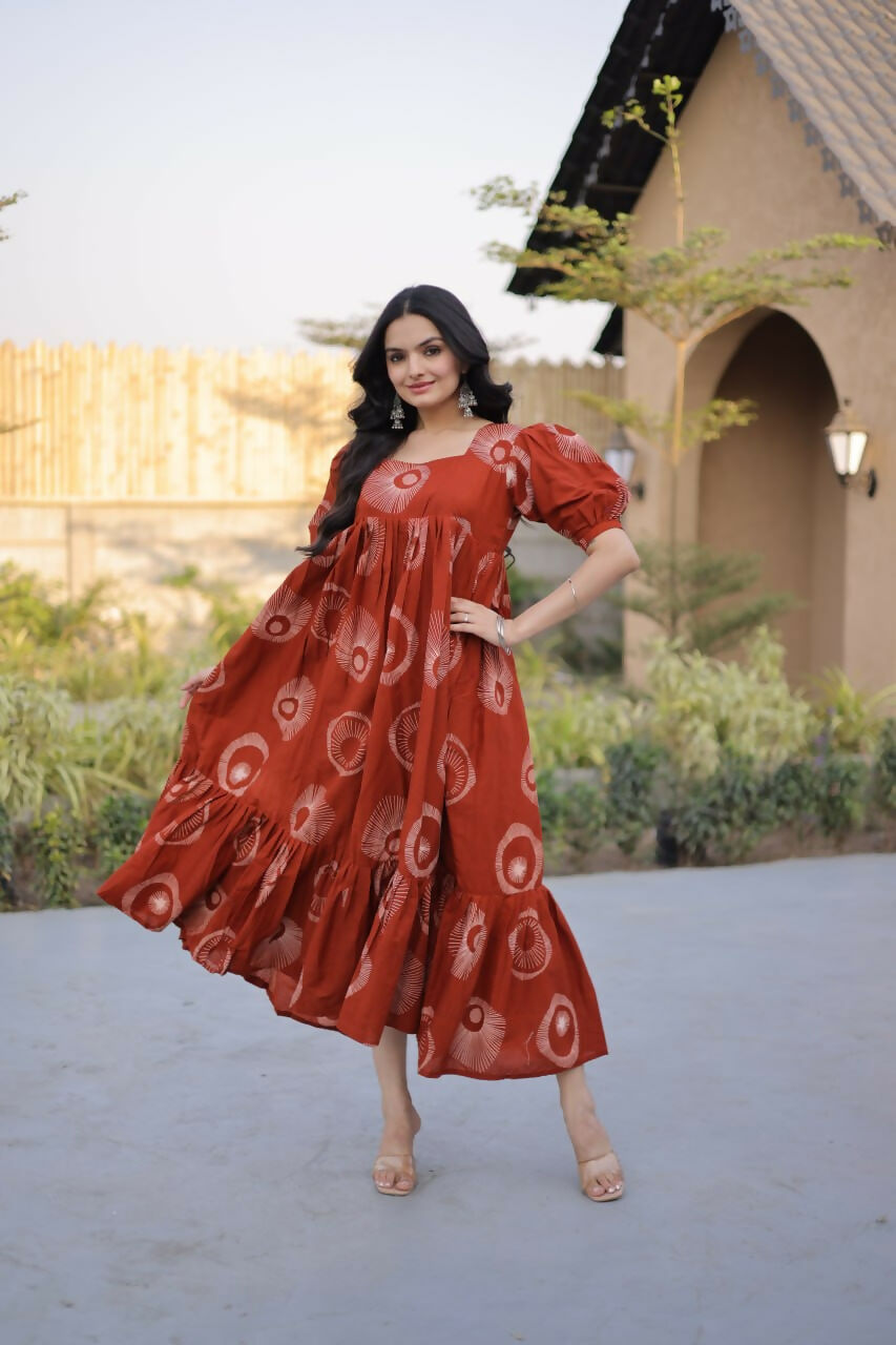 Teeya Creation Womens New Trendy Summer War Printed Cotton Gown Set-Orange