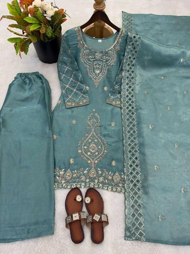 Teeya Creation Teal Color Gimmychu Silk Embroidery Work Wedding Wear Salwar Suit