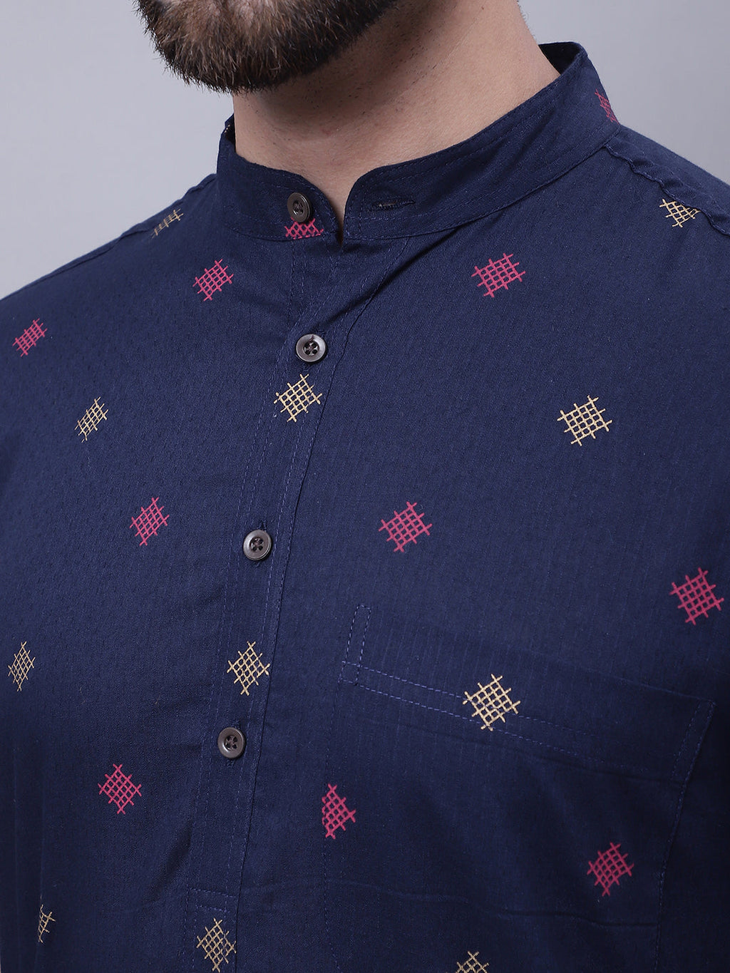 Even Apparels Blue Pure Cotton Short Sleeves Kurta With Band Collar