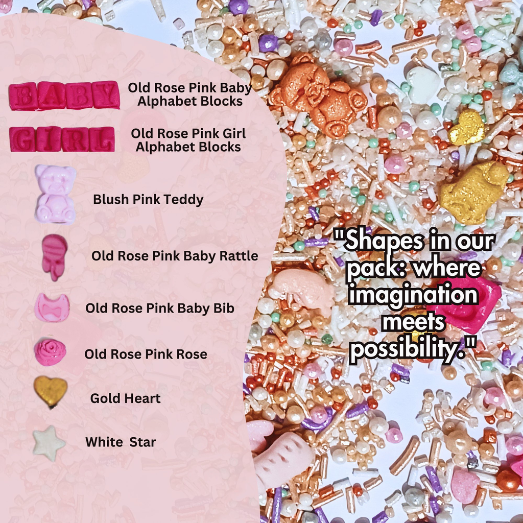 Confect Girls Baby Shower Sprinkles | Mix Heart, Teddy, Baby Feed Bottle & Baby Feet Sprinkles