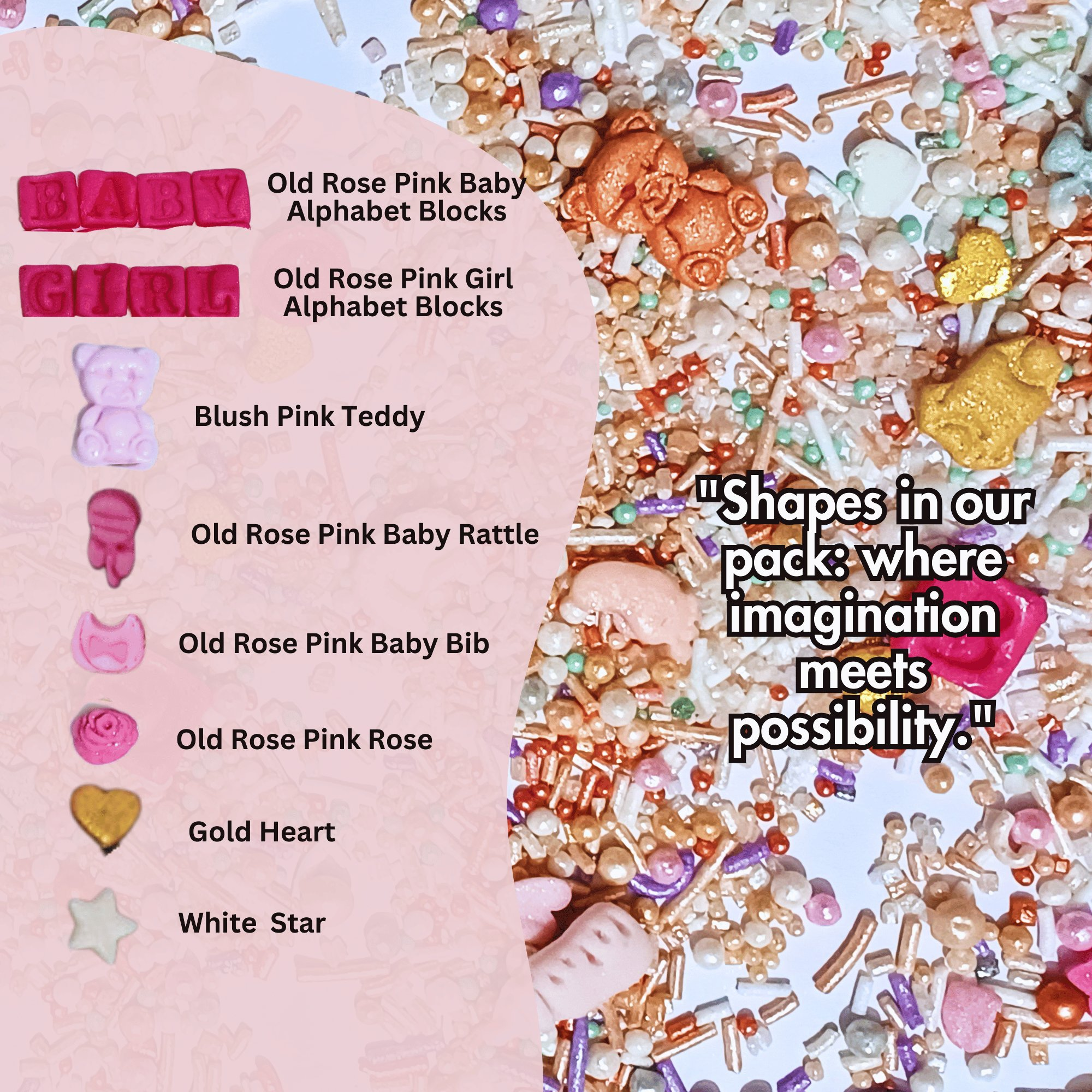 Confect Girls Baby Shower Sprinkles | Mix Heart, Teddy, Baby Feed Bottle & Baby Feet Sprinkles