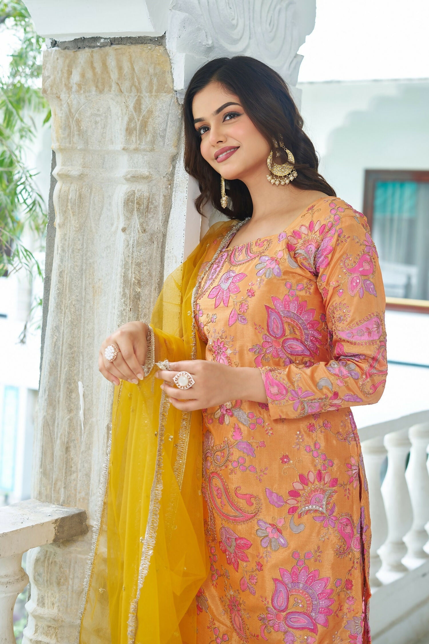 Joban Fashion Yellow Kurta Set Chinnon Embroidery Sequence Work