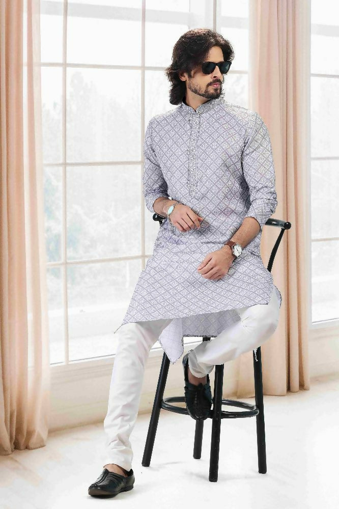 Raivat Ethnic Cotton Thread Work Kurta Pajama In Grey Colour