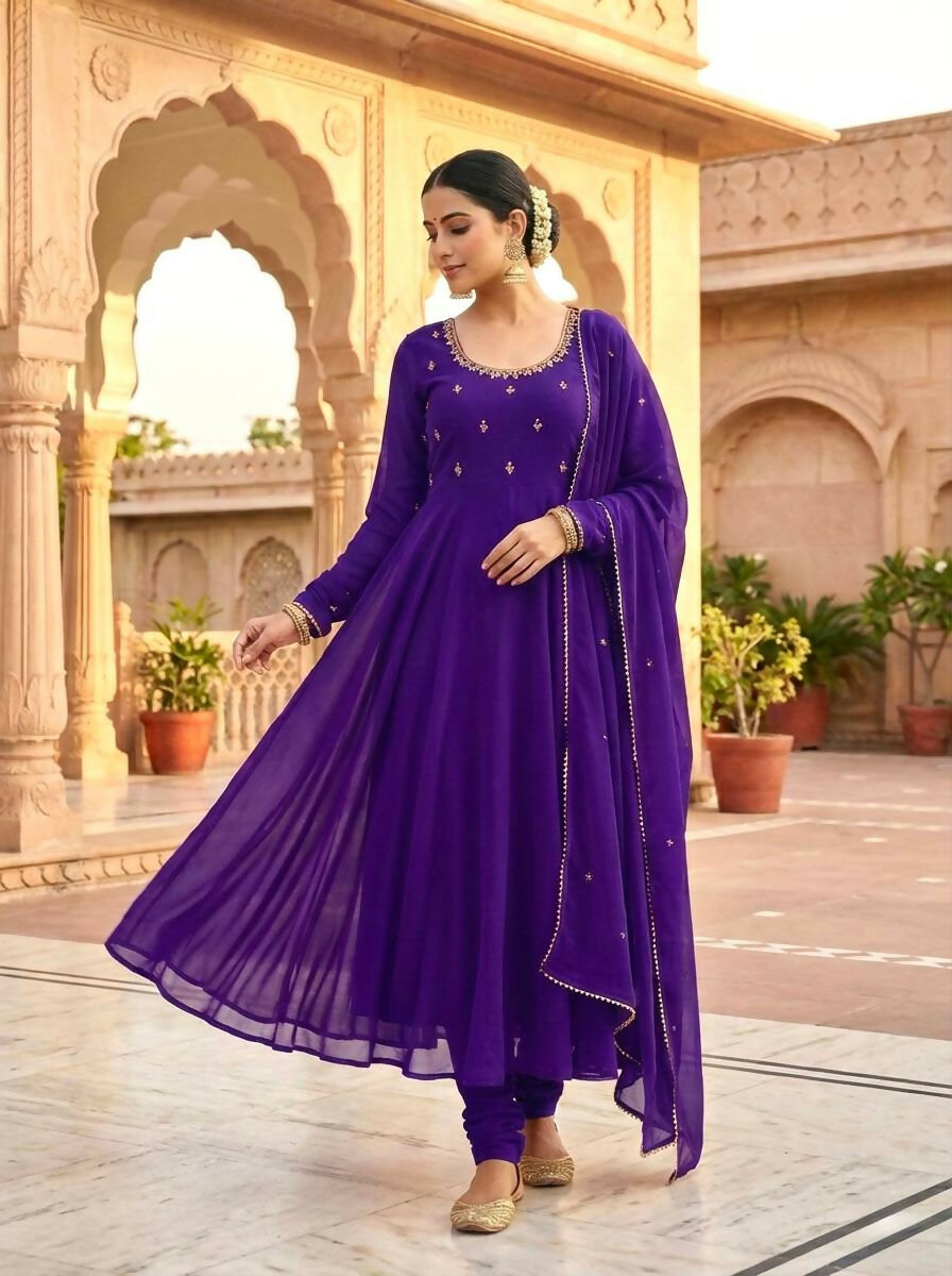 Teeya Creation Womens New Fancy Fox Georgette Heavy Quality Fabricw With Handwork Purple Gown Set