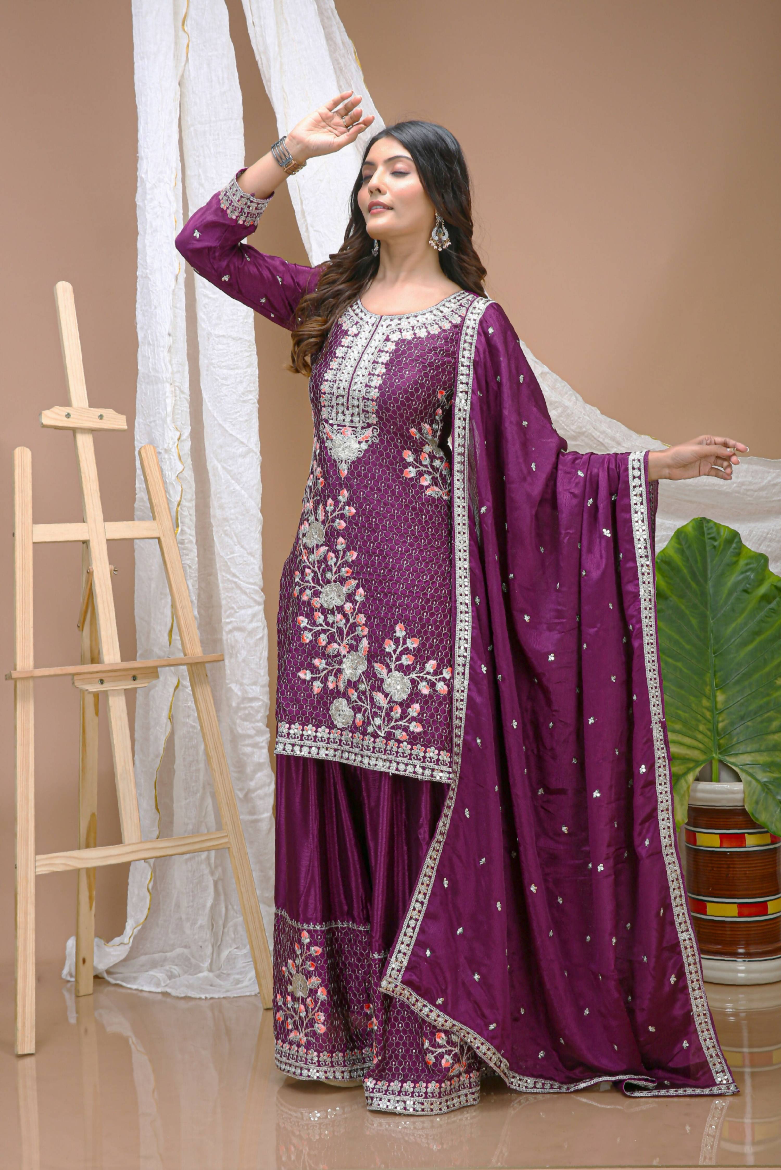 Lehenga Mart Designer Sharara Suit With Kurta, Sharara, Dupatta For Women-Wine